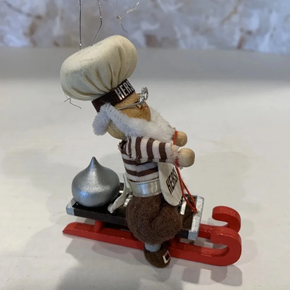 Vintage Kurt Adler Hersheys Chocolate Elf Chef on Wood Sled Christmas Ornament